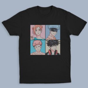 jjk2 jujutsu kaisen four panel t-shirt black unisex nobara gojo yuji megumi pastel grid sizes s-5xl