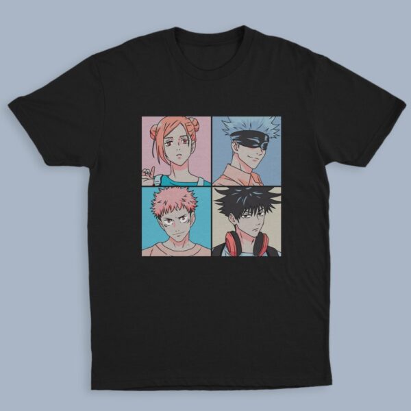 jujutsu kaisen four panel t-shirt black unisex nobara gojo yuji megumi pastel grid sizes s-5xl