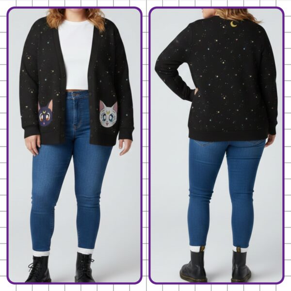 Luna & Artemis Sailor Moon cats unisex knit cardigan front view, black & white cat print, relaxed fit S-7XL