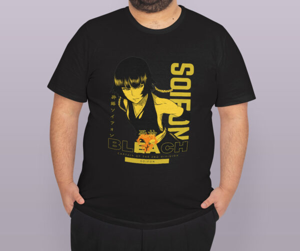 Bleach anime t-shirt in black with Soul Reaper character graphic print, unisex classic fit