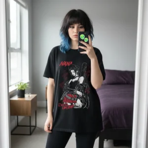Nana Osaki t-shirt in black with bold punk anime graphic of Nana and Black Stones logo in red and white, unisex fit flat lay