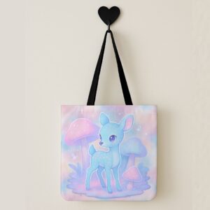 kawaii deer tote bag pastel mushroom two-sided print blue fawn pink background