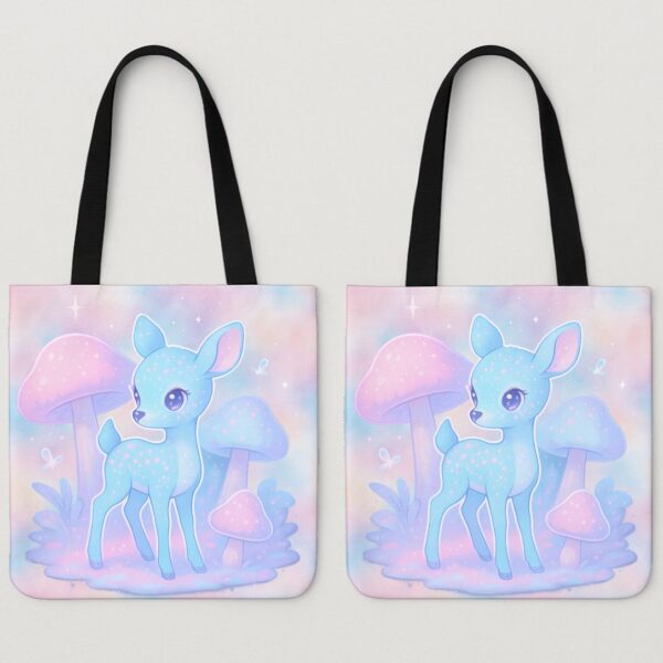 kawaii deer tote bag pastel mushroom two-sided print blue fawn pink background