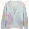 pastelkitty-cardigan-fr Pastel cat pattern unisex knit cardigan front view, cute colorful cats design, relaxed fit S-7XL