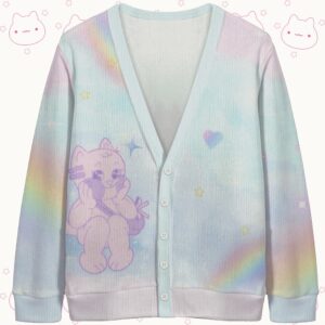 pastelkitty-cardigan-fr Pastel cat pattern unisex knit cardigan front view, cute colorful cats design, relaxed fit S-7XL