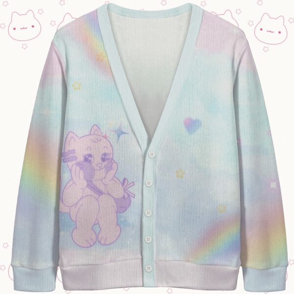 pastelkitty-cardigan-fr Pastel cat pattern unisex knit cardigan front view, cute colorful cats design, relaxed fit S-7XL
