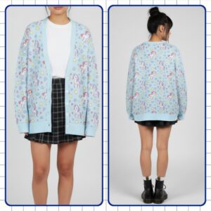 ponies-blue-cardigan Retro pony doll pattern light blue unisex knit cardigan front view, nostalgic 80s design, relaxed fit S-7XL