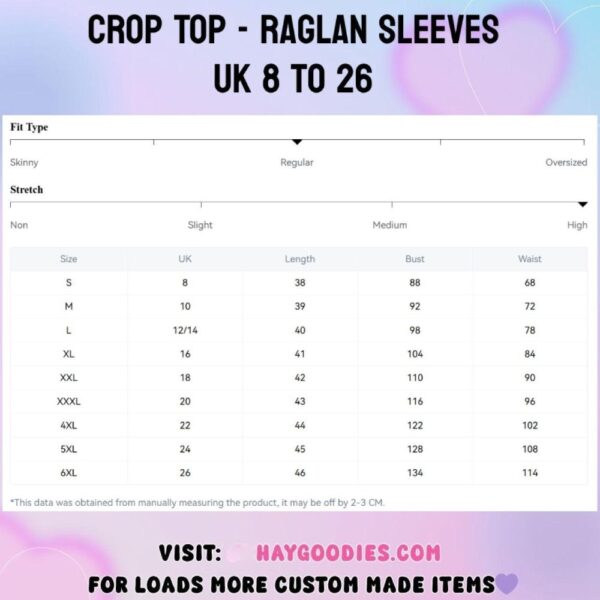 raglan crop top size chart