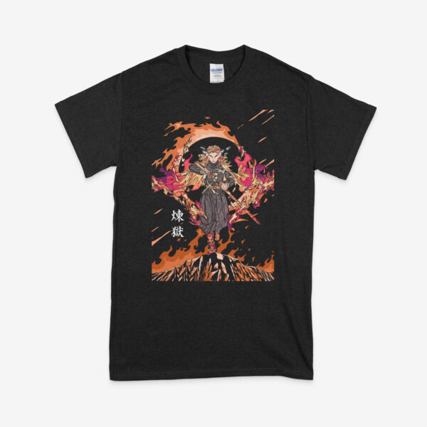 rengoku (1) Rengoku Kyojuro Demon Slayer t-shirt in black with anime character graphic print, unisex classic fit