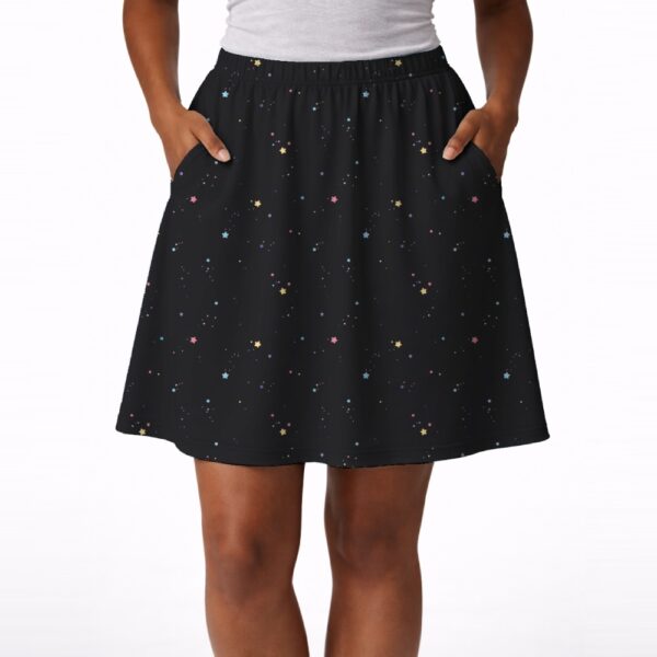 Black skater skirt with colourful stars and pockets, relaxed everyday fit, sizes S to 6XL