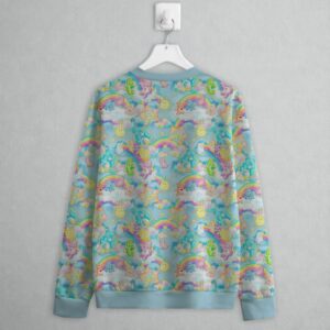 Care Bears pattern all over print women's sweatshirt in pastel blue with colourful bears rainbows sunshine and clouds all over print design