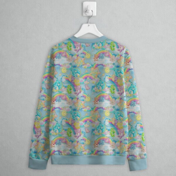 Care Bears pattern all over print women's sweatshirt in pastel blue with colourful bears rainbows sunshine and clouds all over print design