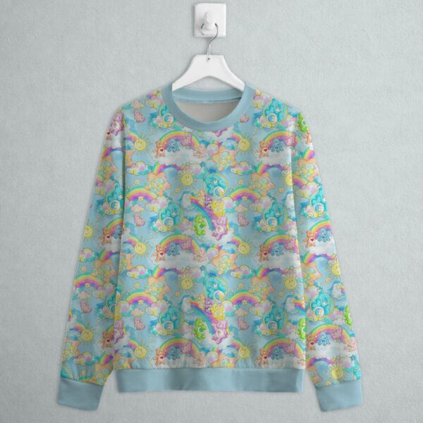 Care Bears pattern all over print women's sweatshirt in pastel blue with colourful bears rainbows sunshine and clouds all over print design
