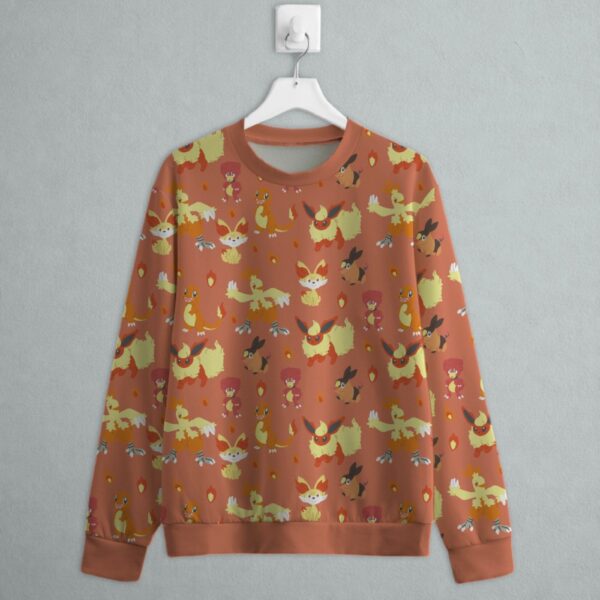 fire type Pokemon sweatshirt all-over pattern Charmander Flareon Fennekin Magby Tepig Combusken