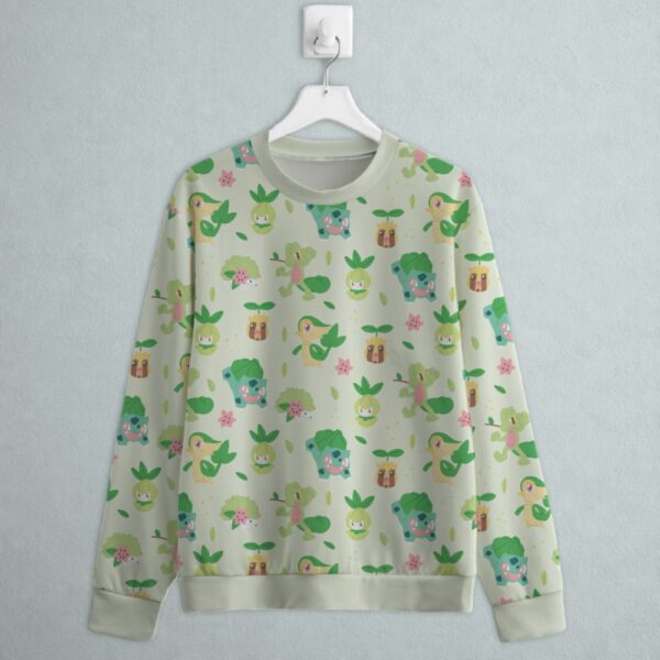 grass type Pokemon sweatshirt all-over pattern Bulbasaur Sunkern Treecko Petilil Shaymin Snivy