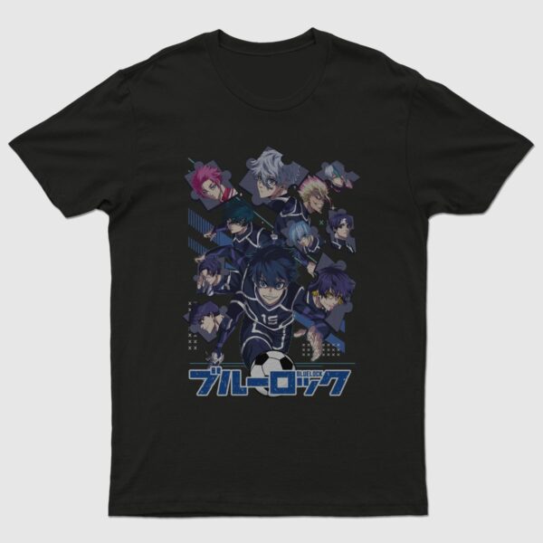 Blue Lock t-shirt in black with anime character graphic print, unisex classic fit