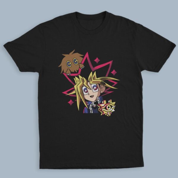 Yu-Gi-Oh t-shirt in black with anime character graphic print, unisex classic fit flat lay