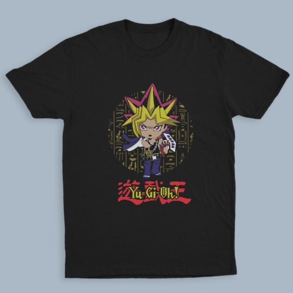 Yu-Gi-Oh t-shirt in black with anime character graphic print, unisex classic fit flat lay