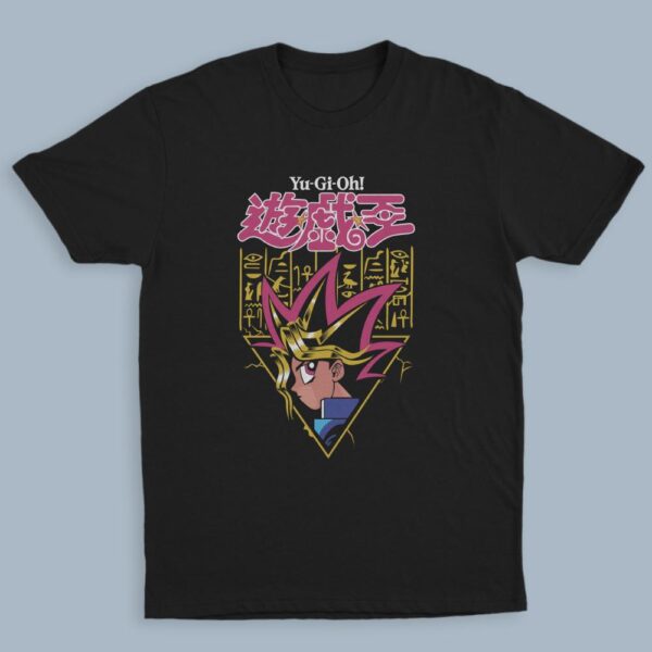 Yu-Gi-Oh t-shirt in black with anime character graphic print, unisex classic fit flat lay