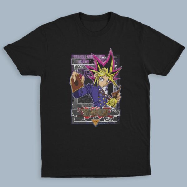 Yu-Gi-Oh t-shirt in black with anime character graphic print, unisex classic fit flat lay