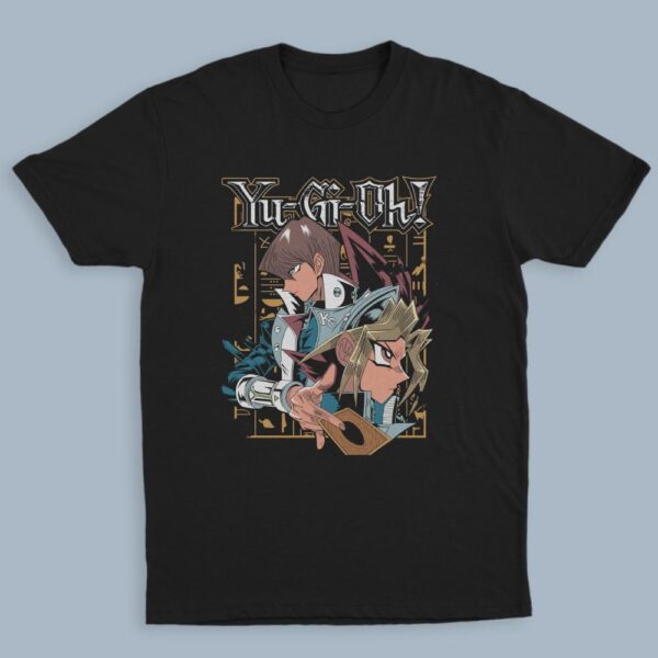 Yu-Gi-Oh t-shirt in black with anime character graphic print, unisex classic fit flat lay