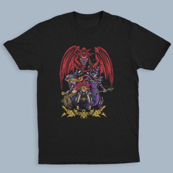 Yu-Gi-Oh t-shirt in black with anime character graphic print, unisex classic fit flat lay
