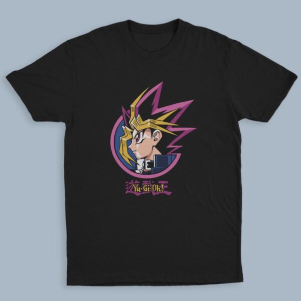 Yu-Gi-Oh t-shirt in black with anime character graphic print, unisex classic fit flat lay