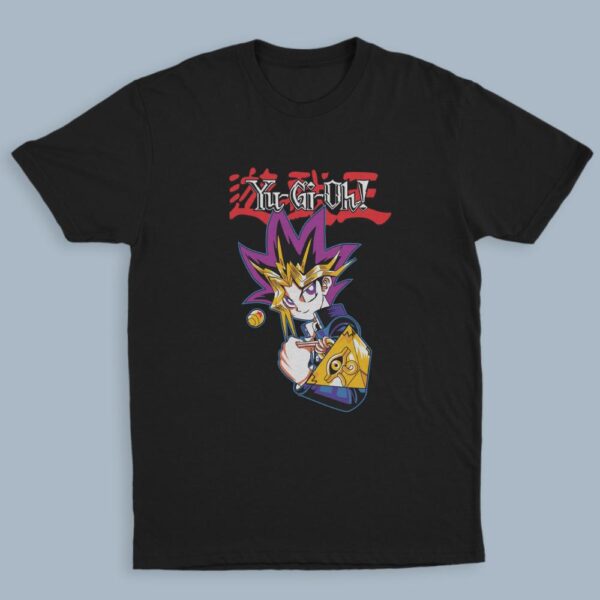 Yu-Gi-Oh t-shirt in black with anime character graphic print, unisex classic fit flat lay