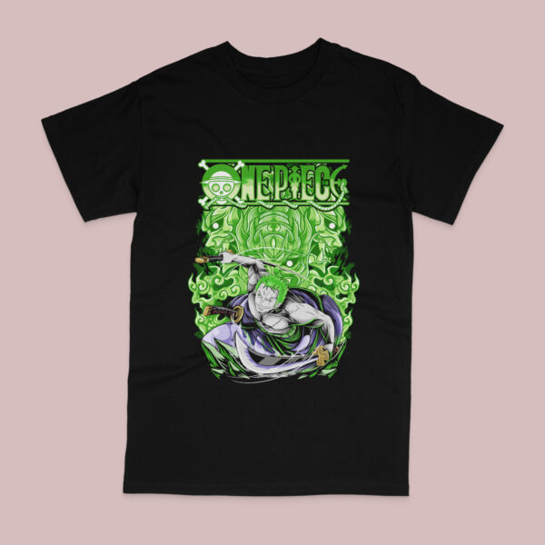 Roronoa Zoro One Piece graphic design variation printed on black cotton unisex short sleeve t-shirt sizes S to 5XL