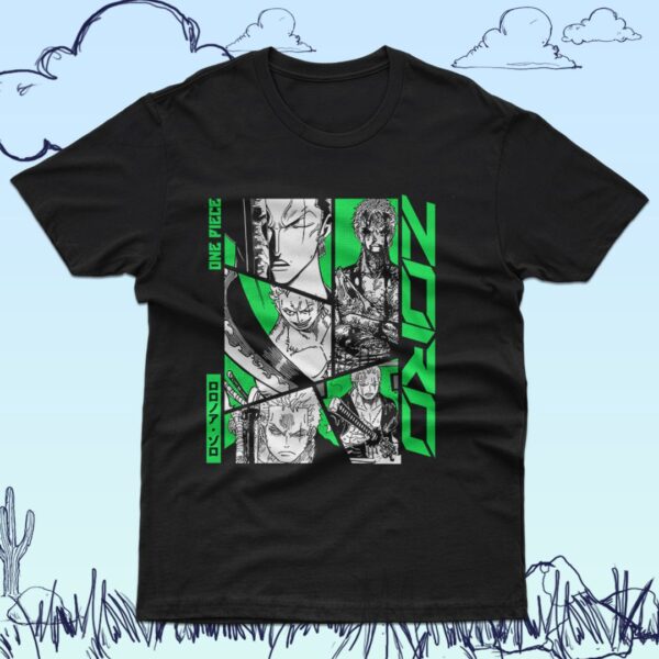 Roronoa Zoro One Piece graphic design variation printed on black cotton unisex short sleeve t-shirt sizes S to 5XL