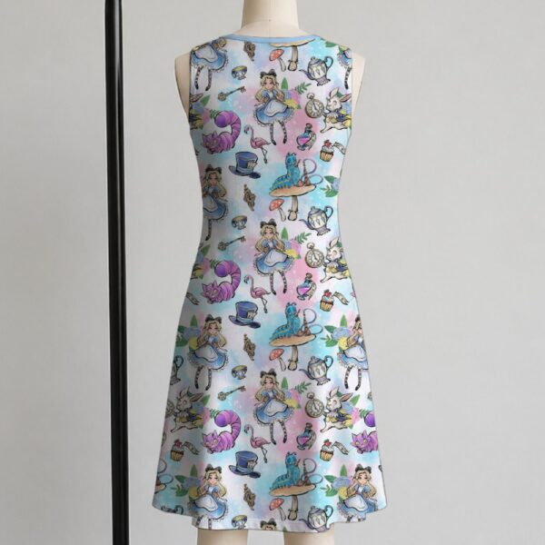 alice1-sleeveless-dress-bk1 Alice in Wonderland sleeveless dress with pastel pink and blue kawaii all-over print featuring Alice Cheshire Cat White Rabbit and Wonderland characters, flowy knee length front view on mannequin