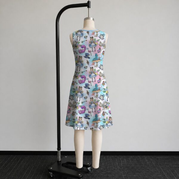 alice1-sleeveless-dress-bk2 Alice in Wonderland sleeveless dress with pastel pink and blue kawaii all-over print featuring Alice Cheshire Cat White Rabbit and Wonderland characters, flowy knee length front view on mannequin