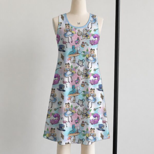alice1-sleeveless-dress-fr1 Alice in Wonderland sleeveless dress with pastel pink and blue kawaii all-over print featuring Alice Cheshire Cat White Rabbit and Wonderland characters, flowy knee length front view on mannequin