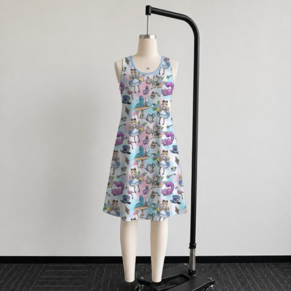 alice1-sleeveless-dress-fr2 Alice in Wonderland sleeveless dress with pastel pink and blue kawaii all-over print featuring Alice Cheshire Cat White Rabbit and Wonderland characters, flowy knee length front view on mannequin