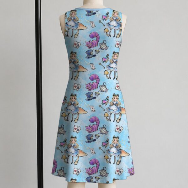 alice2-sleeveless-dress-bk1 Alice in Wonderland sleeveless dress with blue kawaii all-over print featuring Alice Cheshire Cat playing cards and Wonderland details, flowy knee length front view on mannequin