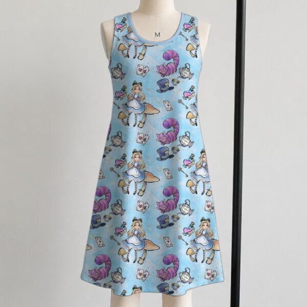 alice2-sleeveless-dress-fr1 Alice in Wonderland sleeveless dress with blue kawaii all-over print featuring Alice Cheshire Cat playing cards and Wonderland details, flowy knee length front view on mannequin