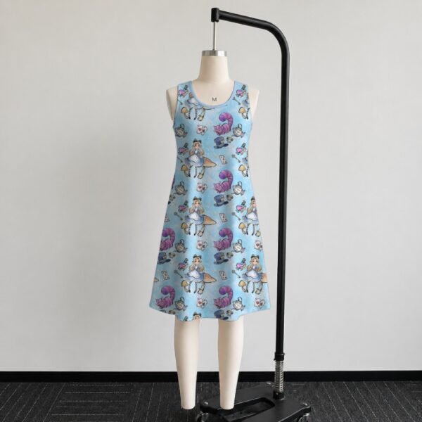 alice2-sleeveless-dress-fr2 Alice in Wonderland sleeveless dress with blue kawaii all-over print featuring Alice Cheshire Cat playing cards and Wonderland details, flowy knee length front view on mannequin