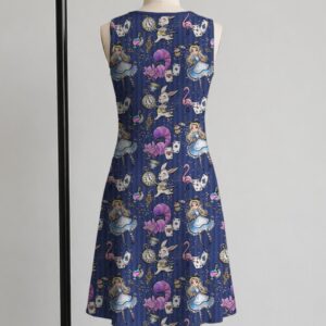 Alice in Wonderland sleeveless dress with dark navy kawaii all-over print featuring Alice White Rabbit Cheshire Cat and Wonderland details, flowy knee length front view on mannequin