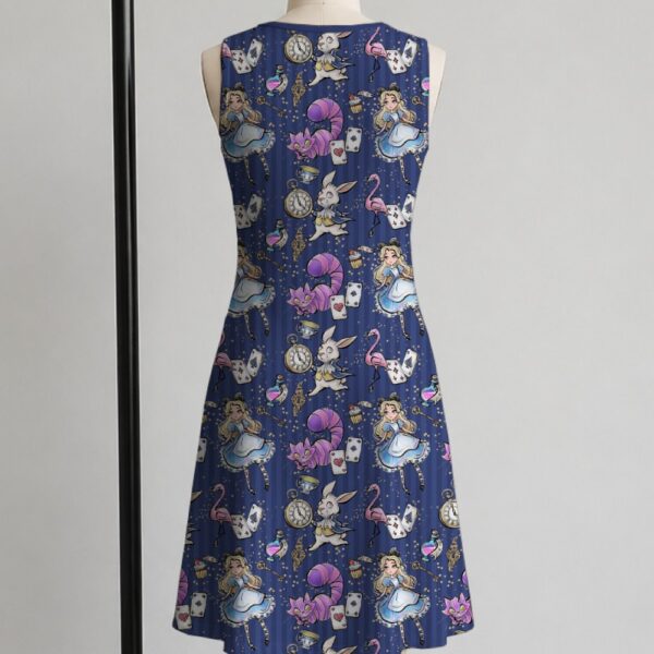 alice3-sleeveless-dress-bk1 Alice in Wonderland sleeveless dress with dark navy kawaii all-over print featuring Alice White Rabbit Cheshire Cat and Wonderland details, flowy knee length front view on mannequin