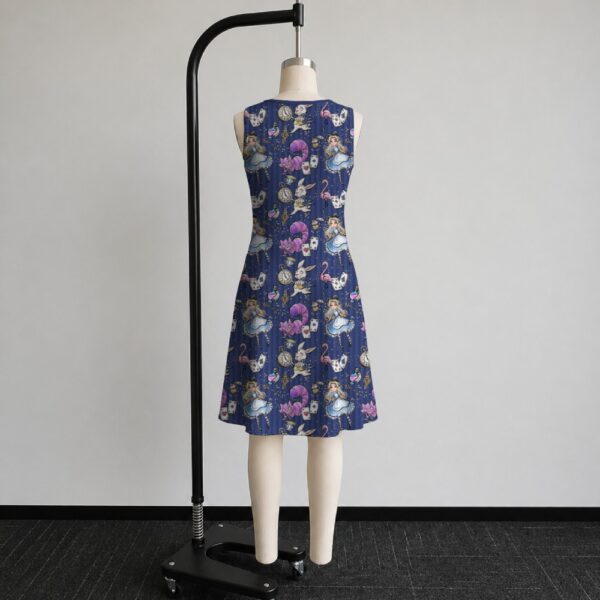 alice3-sleeveless-dress-bk2 Alice in Wonderland sleeveless dress with dark navy kawaii all-over print featuring Alice White Rabbit Cheshire Cat and Wonderland details, flowy knee length front view on mannequin