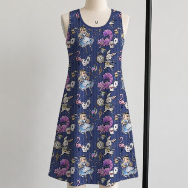 alice3-sleeveless-dress-fr1 Alice in Wonderland sleeveless dress with dark navy kawaii all-over print featuring Alice White Rabbit Cheshire Cat and Wonderland details, flowy knee length front view on mannequin