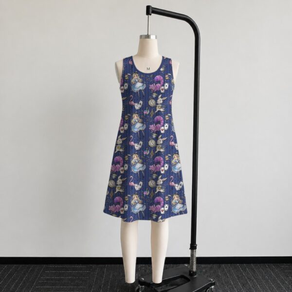 alice3-sleeveless-dress-fr2 Alice in Wonderland sleeveless dress with dark navy kawaii all-over print featuring Alice White Rabbit Cheshire Cat and Wonderland details, flowy knee length front view on mannequin