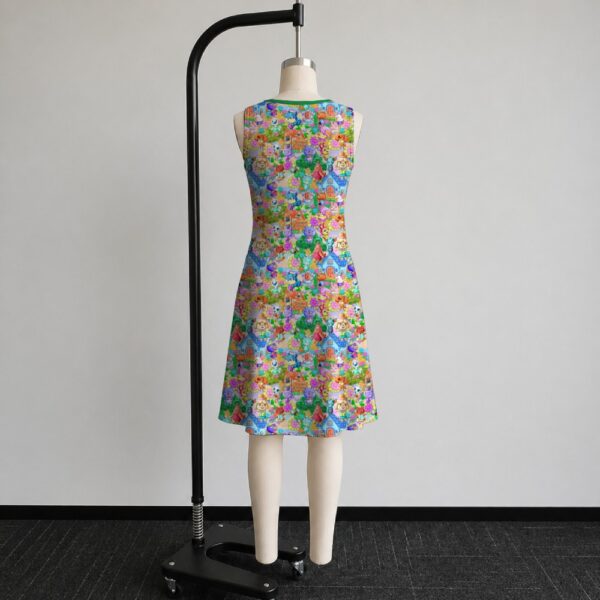 Animal Crossing sleeveless dress with all-over print of villagers Isabelle KK Slider and island characters in colourful print, flowy knee length front view on mannequin