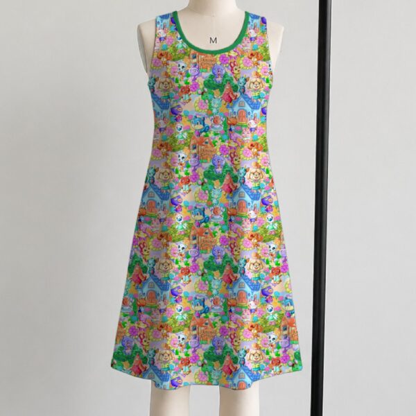 Animal Crossing sleeveless dress with all-over print of villagers Isabelle KK Slider and island characters in colourful print, flowy knee length front view on mannequin