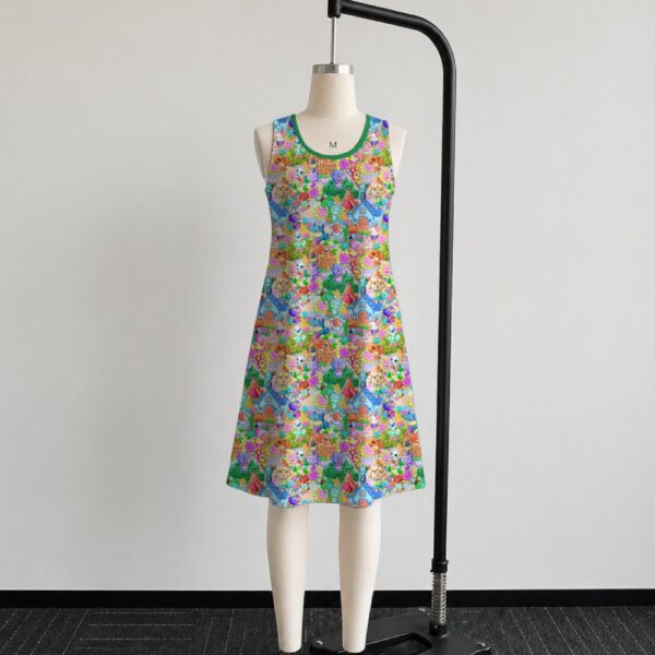 Animal Crossing sleeveless dress with all-over print of villagers Isabelle KK Slider and island characters in colourful print, flowy knee length front view on mannequin