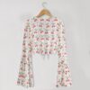 Women's Cherry Print Mesh Crop Top | Bell Sleeve Tie Front S-5XL
