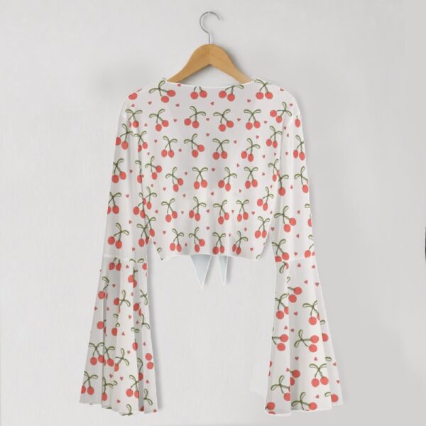 Women's Cherry Print Mesh Crop Top | Bell Sleeve Tie Front S-5XL