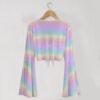 bell-sleeve-mesh-top-rainbowpastel1-fr (1) Pastel rainbow gradient mesh crop top with bell sleeves and tie front bow, soft ombre pink purple blue yellow colourway, women's fit front view on hanger