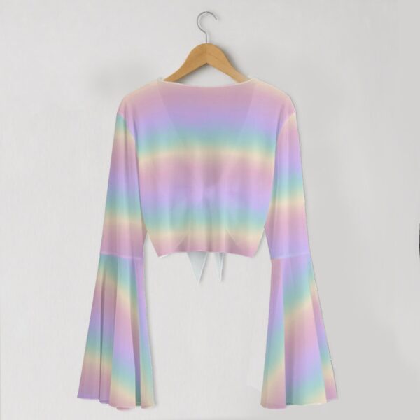 bell-sleeve-mesh-top-rainbowpastel1-fr (1) Pastel rainbow gradient mesh crop top with bell sleeves and tie front bow, soft ombre pink purple blue yellow colourway, women's fit front view on hanger