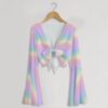 bell-sleeve-mesh-top-rainbowpastel1-fr Pastel rainbow gradient mesh crop top with bell sleeves and tie front bow, soft ombre pink purple blue yellow colourway, women's fit front view on hanger